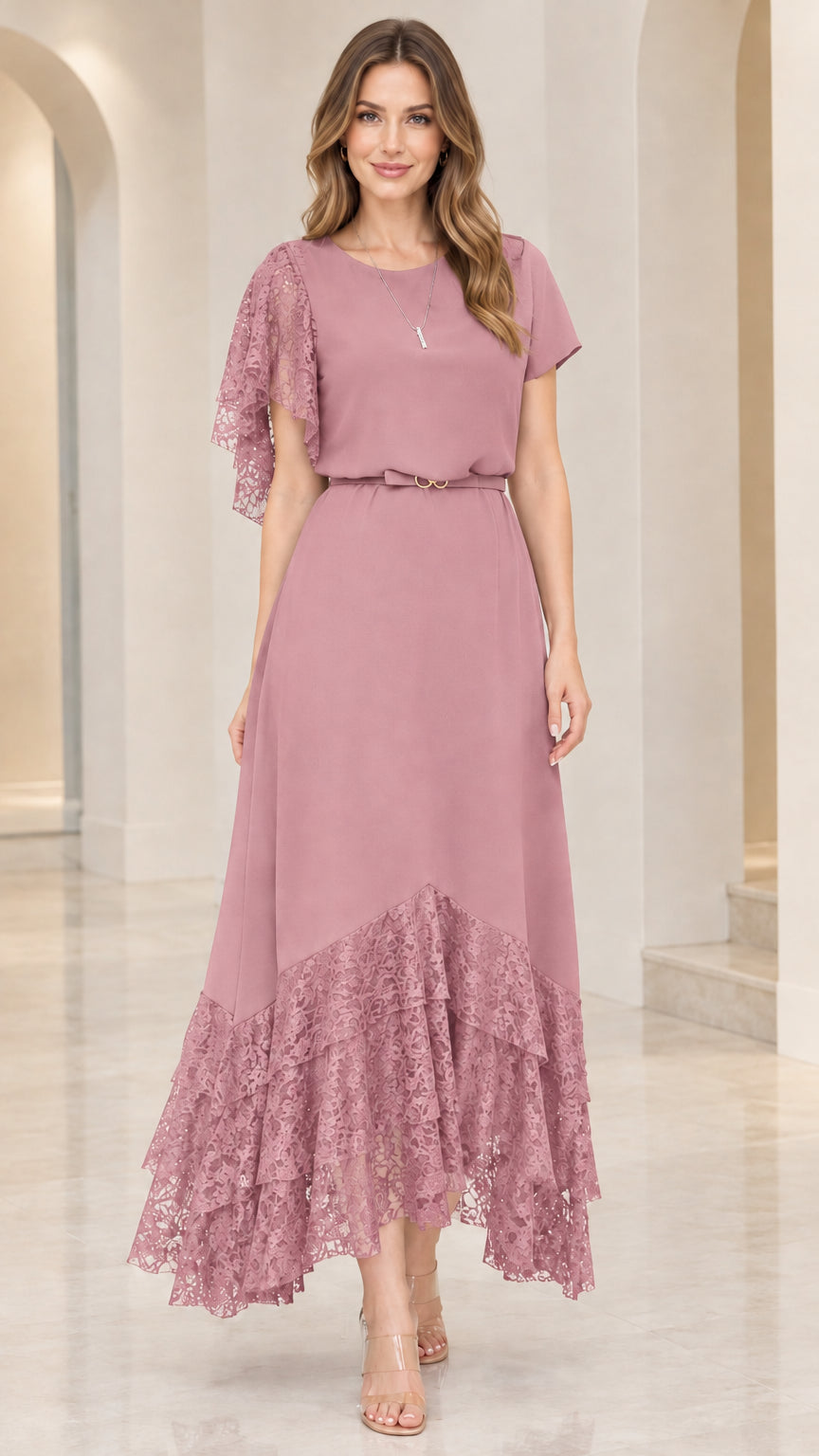 Dusty rose lace patchwork belted maxi dress full length front view