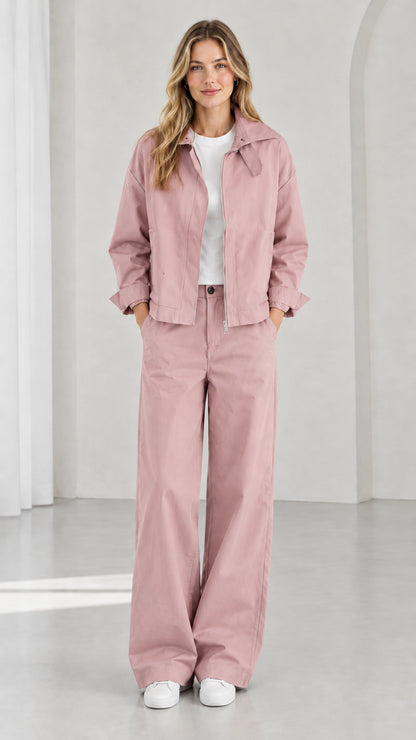 Full front view of women's dusty pink utility zip jacket and wide-leg pants set