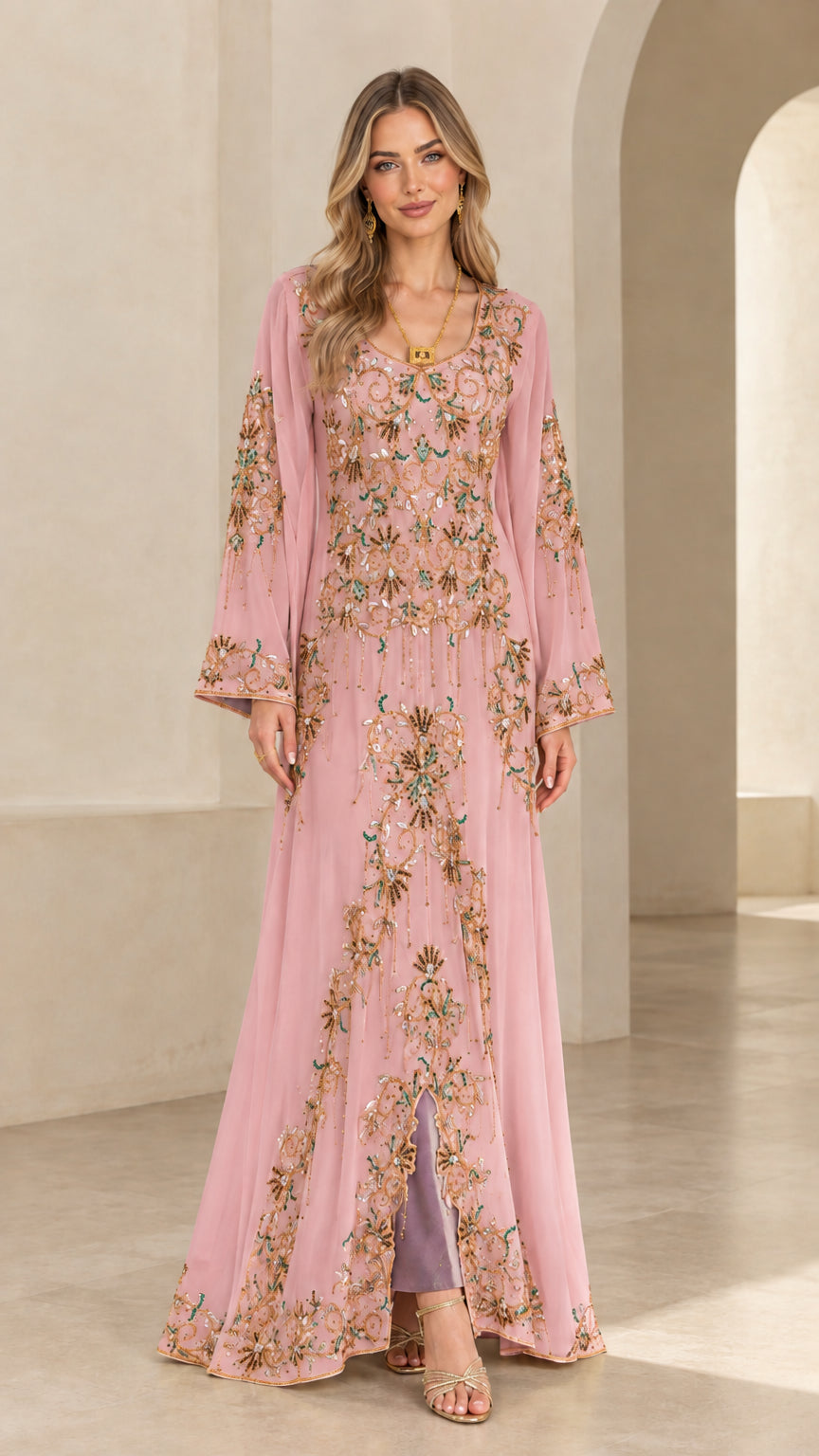 Front full-length view of dusty pink embroidered beaded maxi kaftan dress
