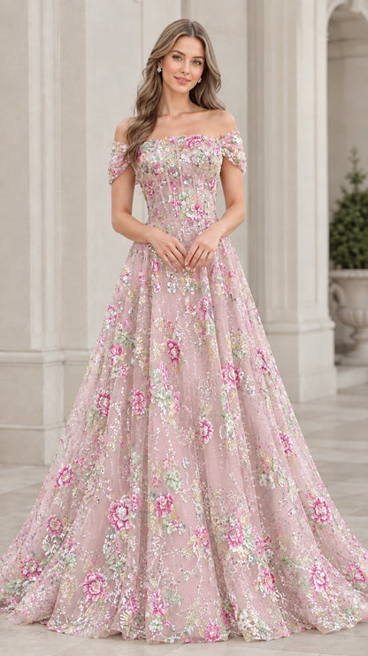 Model wearing Blush Pink floral sequin off-the-shoulder formal gown