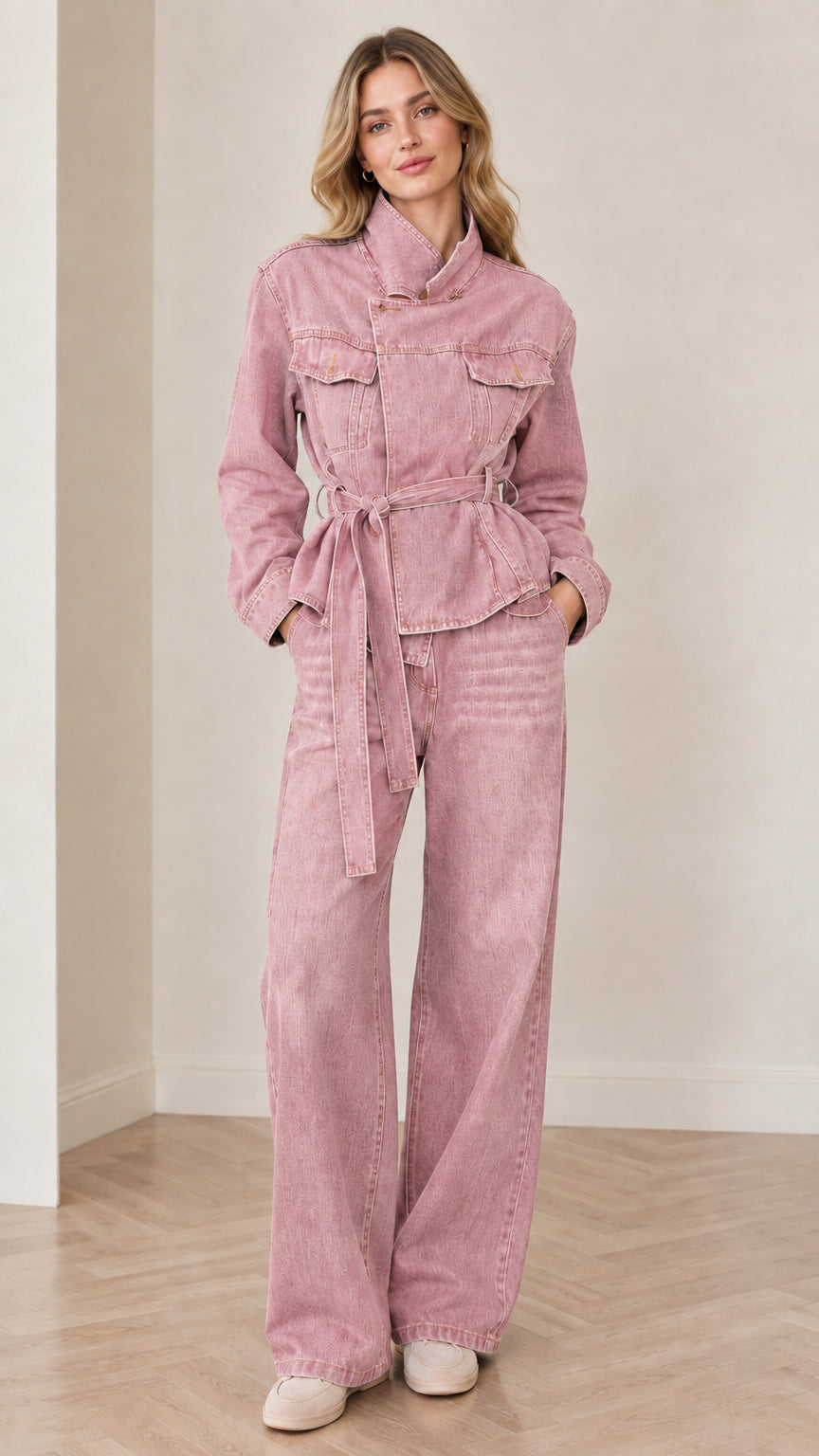 Front view of woman wearing Dusty Pink belted denim utility jacket and wide-leg jeans set