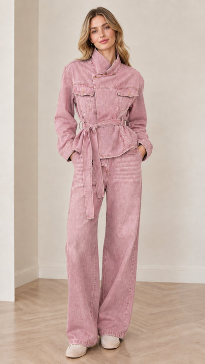Front view of woman wearing Dusty Pink belted denim utility jacket and wide-leg jeans set