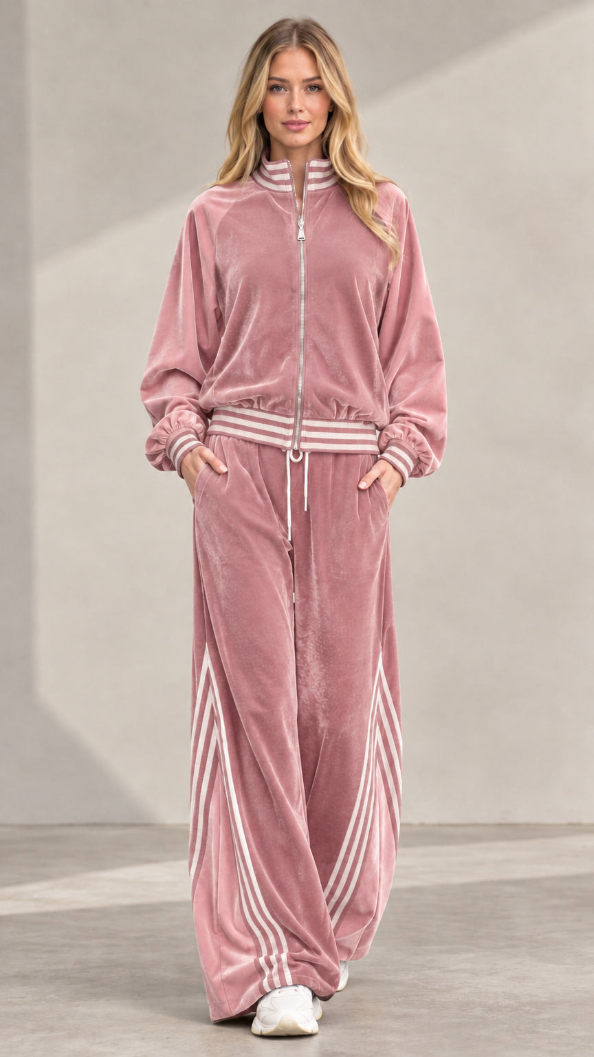 Women's dusty pink velvet tracksuit set