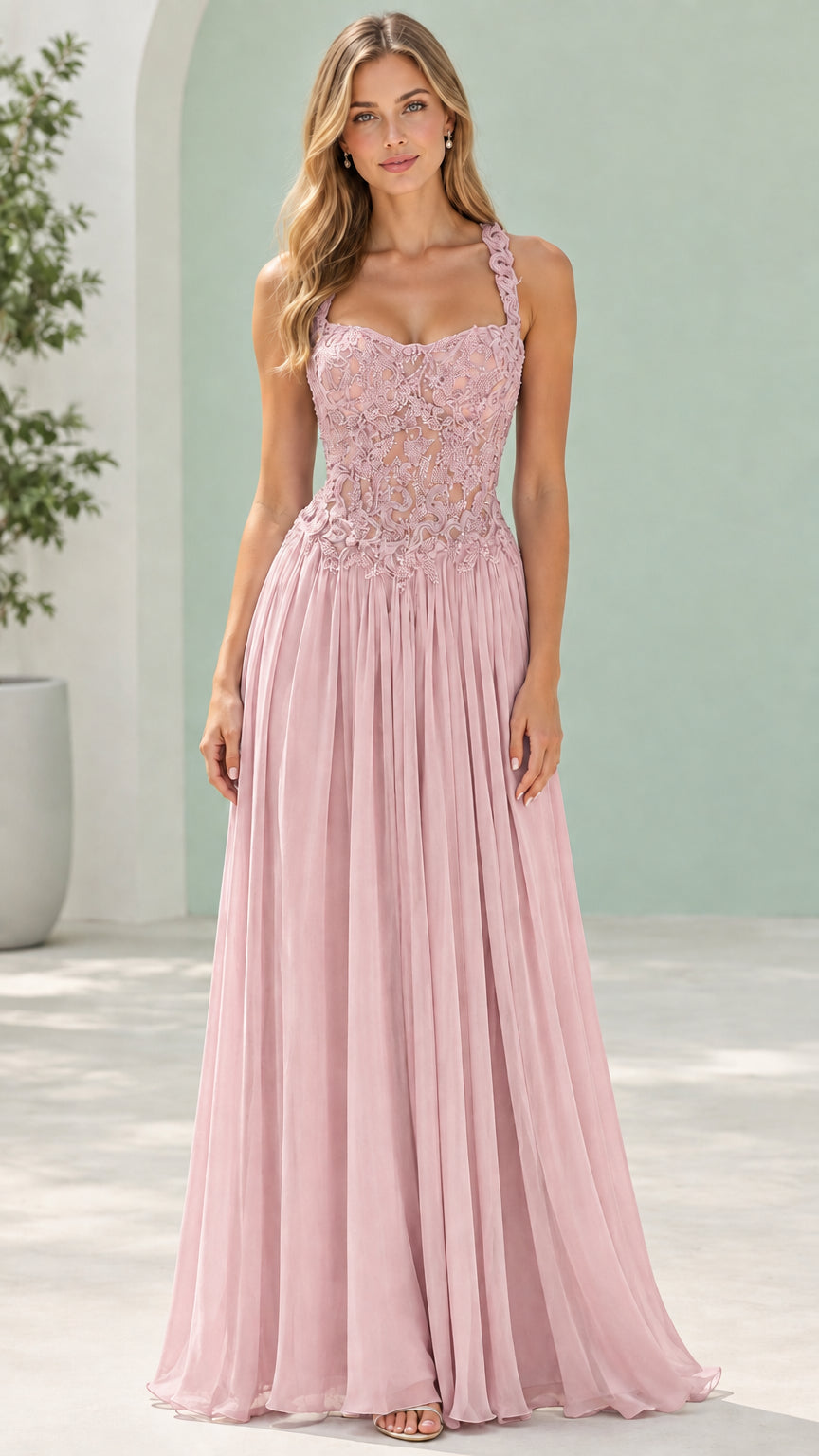 Dusty Pink floral lace corset long formal gown
