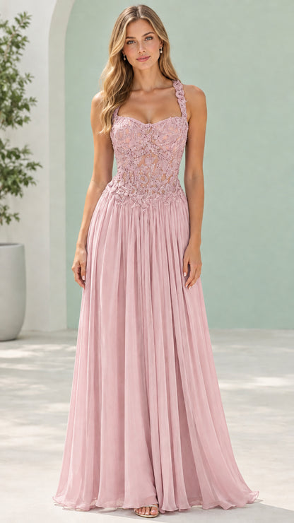 Dusty Pink floral lace corset long formal gown