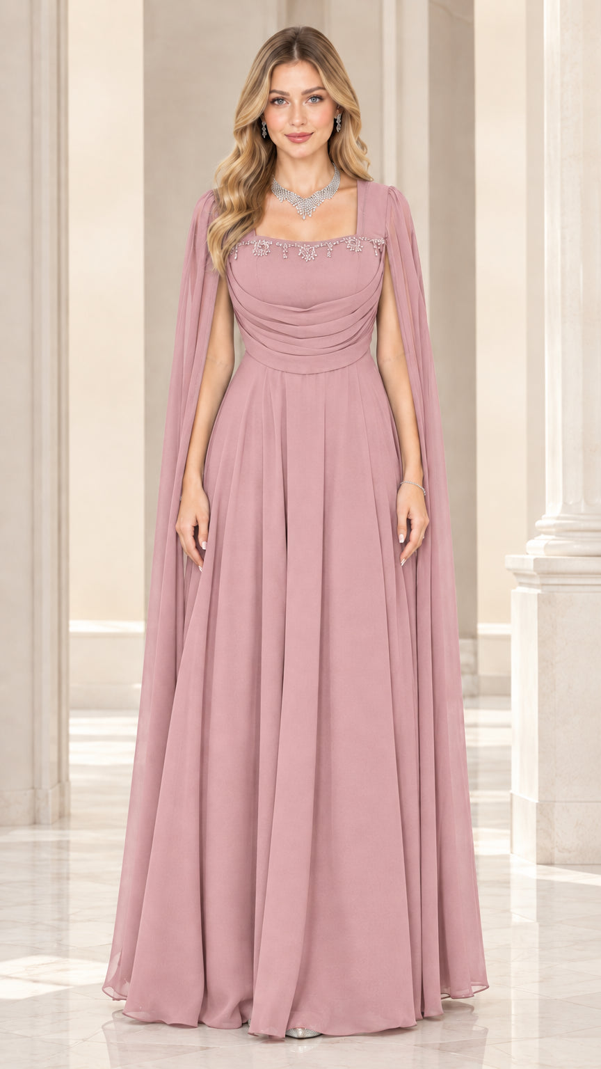 Front view of dusty rose cape sleeve beaded chiffon evening maxi dress