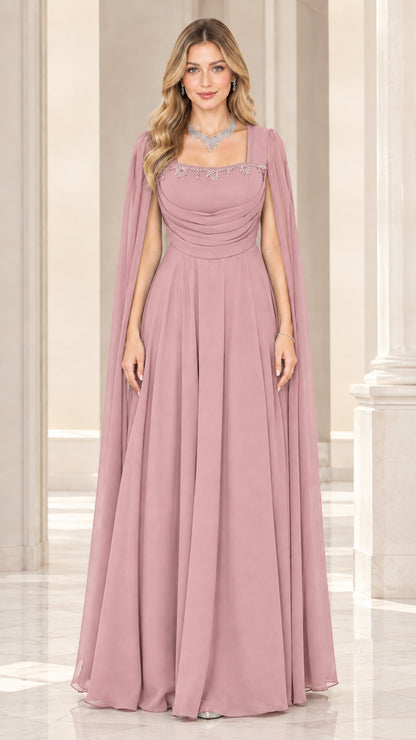 Front view of dusty rose cape sleeve beaded chiffon evening maxi dress