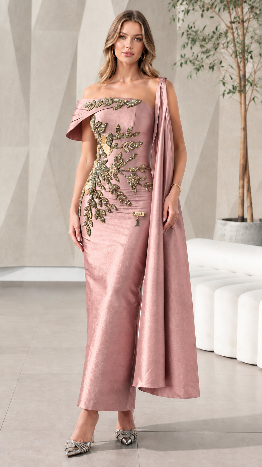 Full front view of Dusty Rose Asymmetrical Beaded Cape Evening Gown