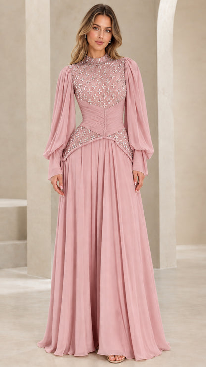 Dusty rose long sleeve beaded bodice chiffon evening dress