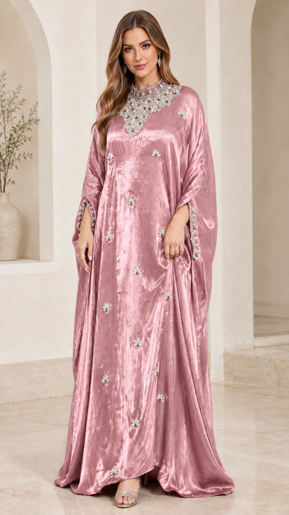 Dusty rose pink embellished shimmer kaftan maxi dress front view