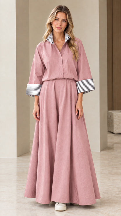 Dusty pink button-down shirt and sweeping maxi skirt matching set
