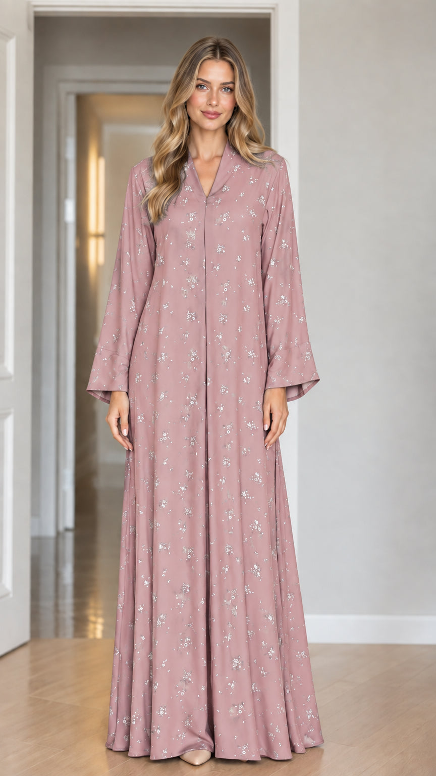 Model wearing Dusty Pink long sleeve floral modest maxi dress