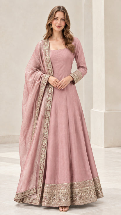 Dusty pink long sleeve Anarkali maxi gown with embroidered borders