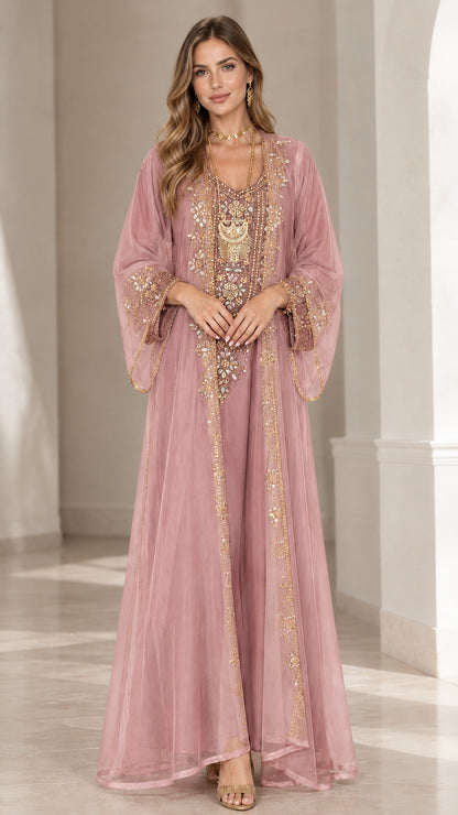 Dusty Rose embroidered sheer overlay kaftan abaya maxi dress front view