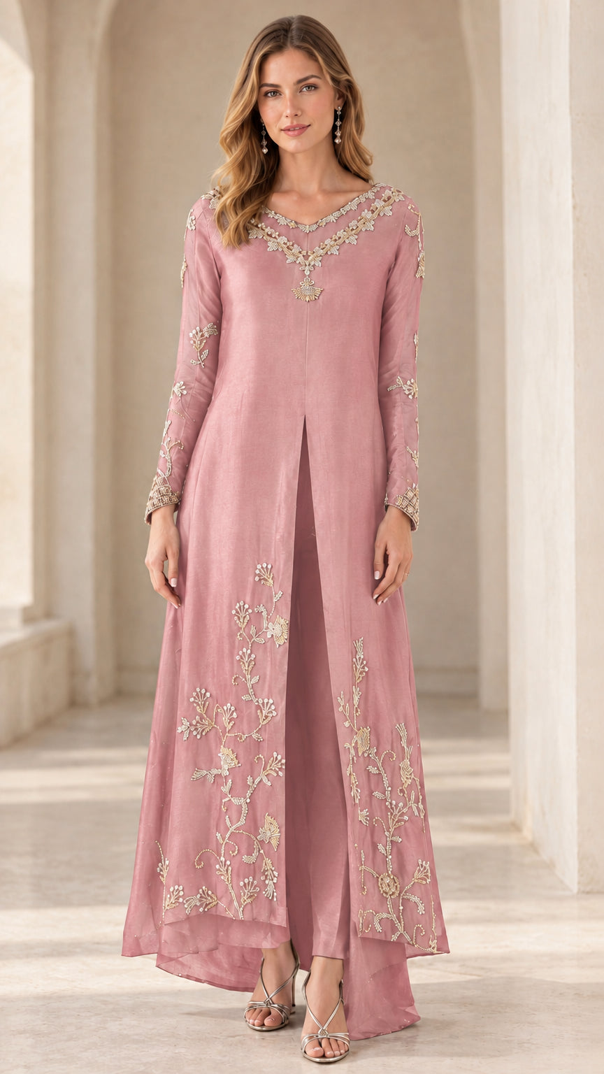 Full-length front view of dusty rose embroidered long tunic and pants set