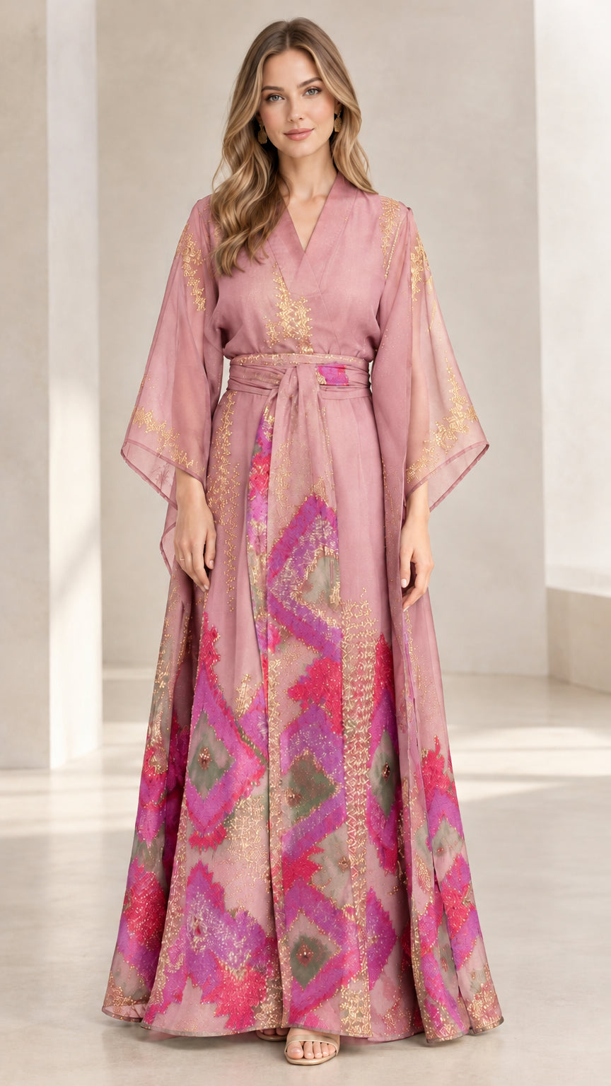 Dusty pink kimono maxi dress with gold accents and tie waist