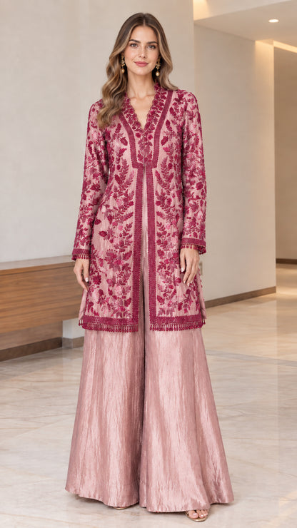 Dusty rose pink embroidered long tunic with matching wide-leg trousers