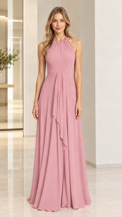 Model wearing a soft dusty pink halter neck formal bridesmaid maxi dress
