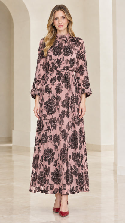 Front view of model wearing dusty pink floral velvet burnout maxi dress