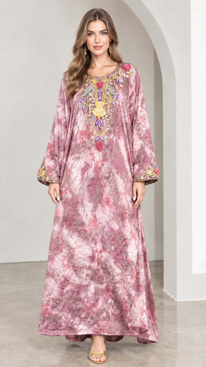 Dusty rose pink tie-dye beaded kaftan maxi dress