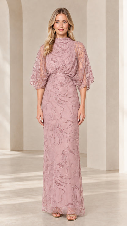 Dusty Rose high-neck beaded mesh maxi evening gown on model