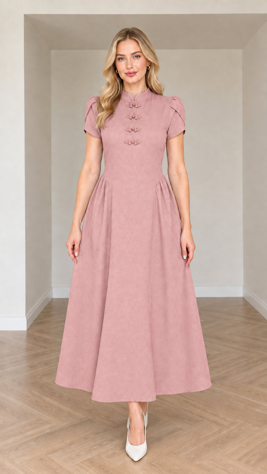 Front view of woman wearing Dusty Pink mandarin collar A-line midi dress