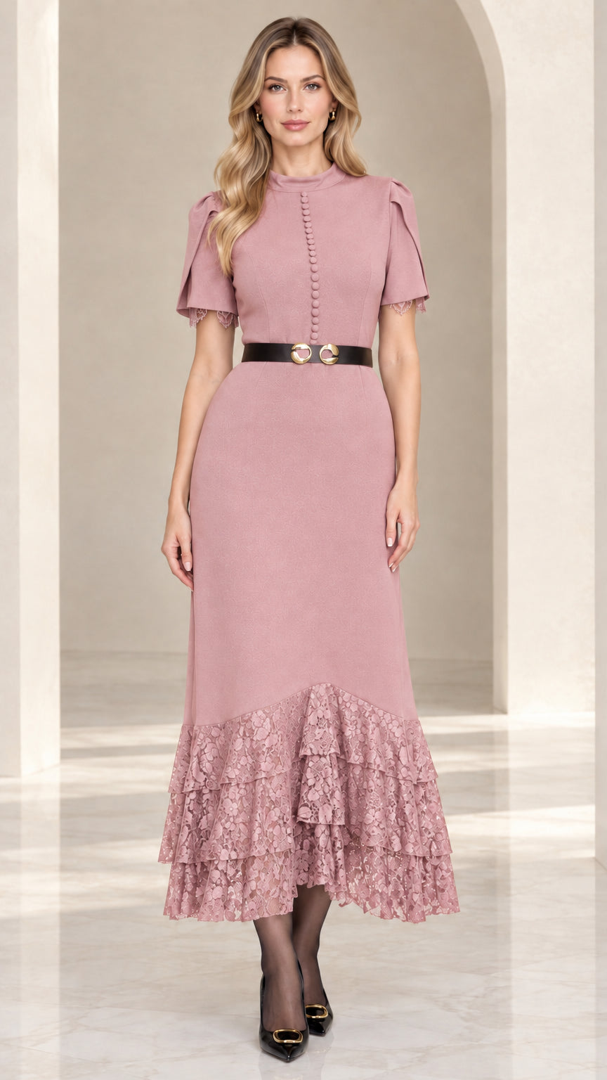 Front view of model wearing dusty pink lace hem flutter sleeve midi dress