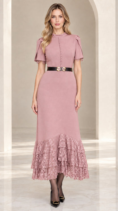 Front view of model wearing dusty pink lace hem flutter sleeve midi dress