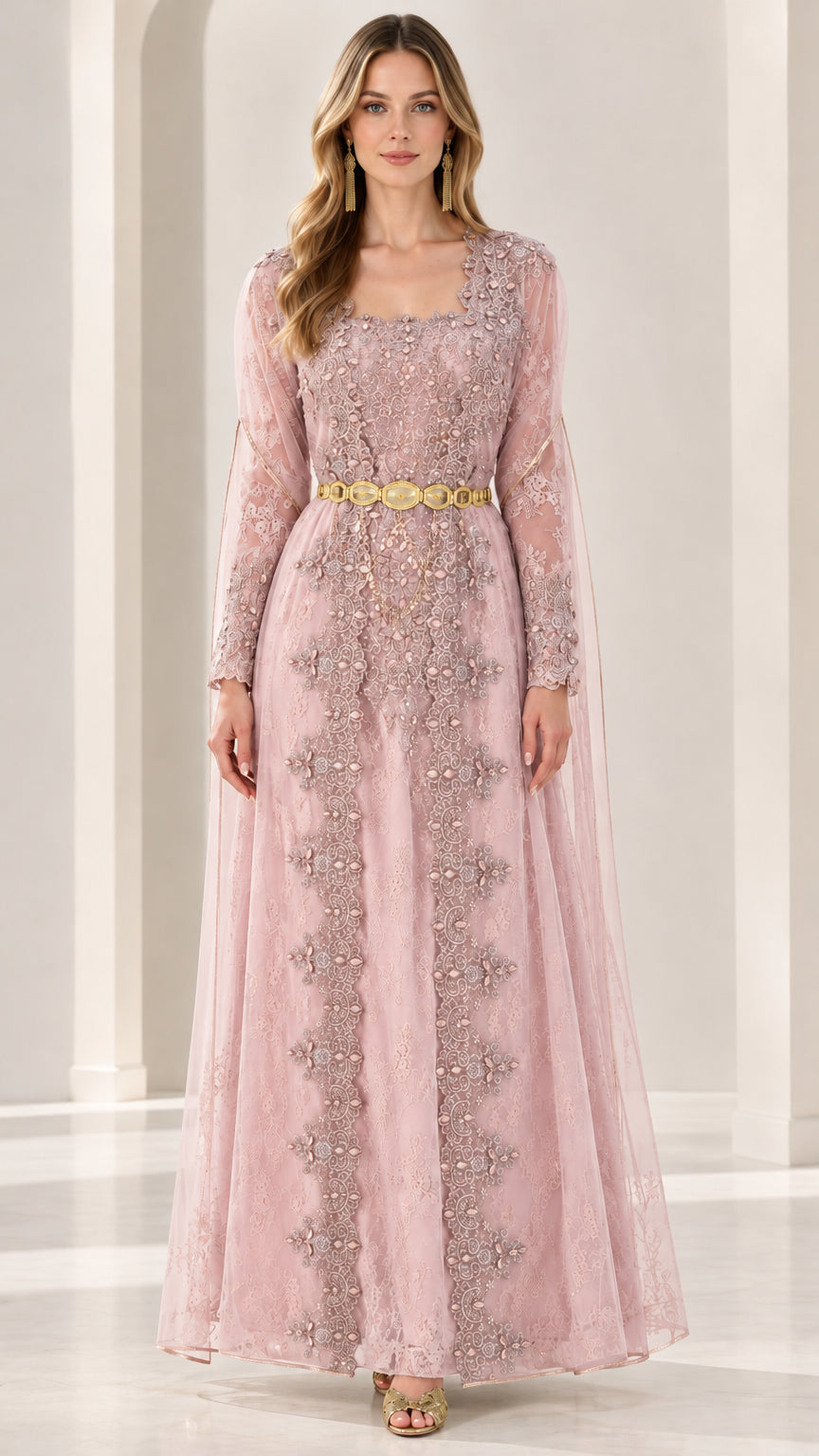 Dusty pink embroidered lace formal gown with illusion sleeves and belt detail