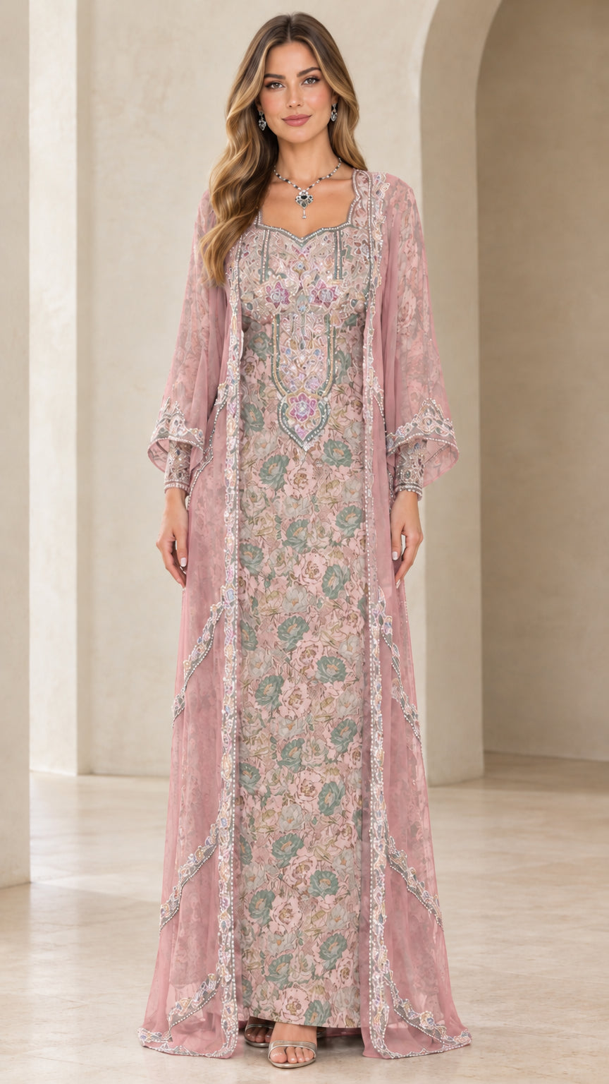 Dusty Pink floral embroidered layered kaftan maxi dress