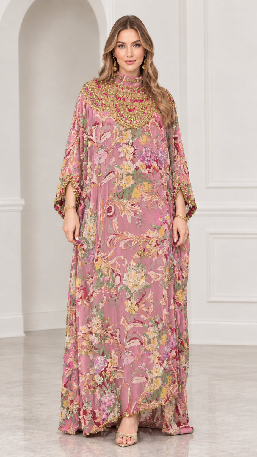 Model wearing Dusty Pink floral print beaded kaftan maxi dress