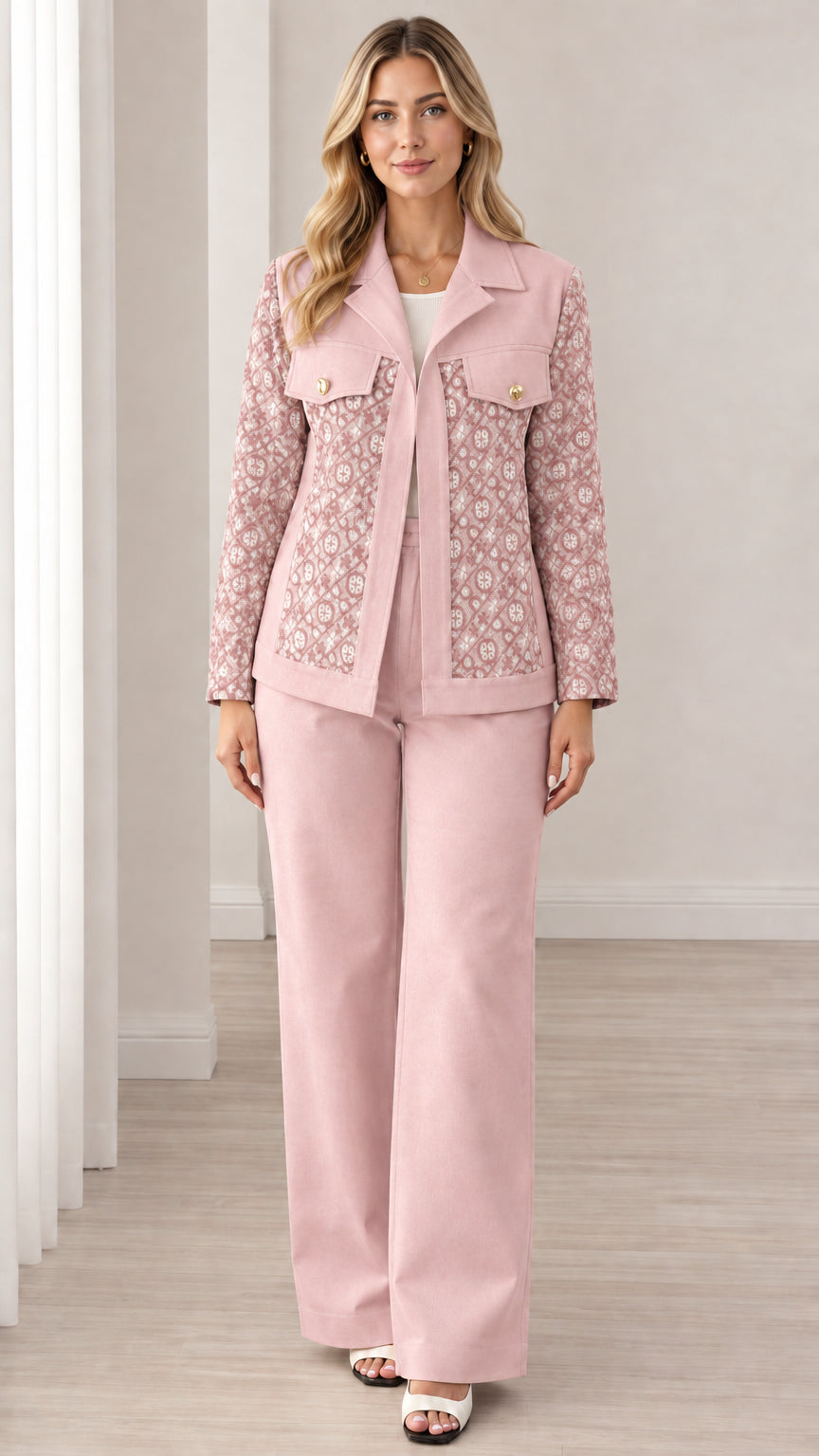 Model wearing Pink patterned jacquard two-piece pant suit set