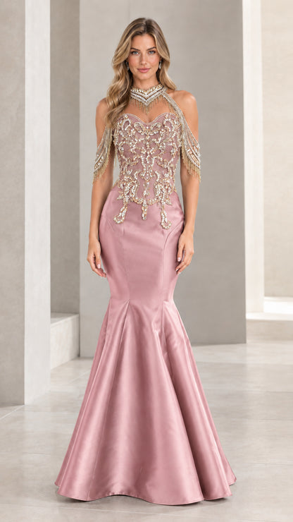 Blush pink halter mermaid evening gown with sparkling crystal beading
