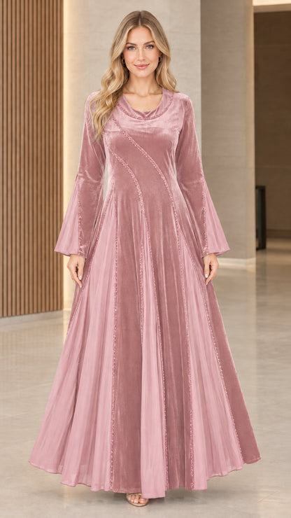 Dusty pink velvet cowl neck maxi dress with bell sleeves