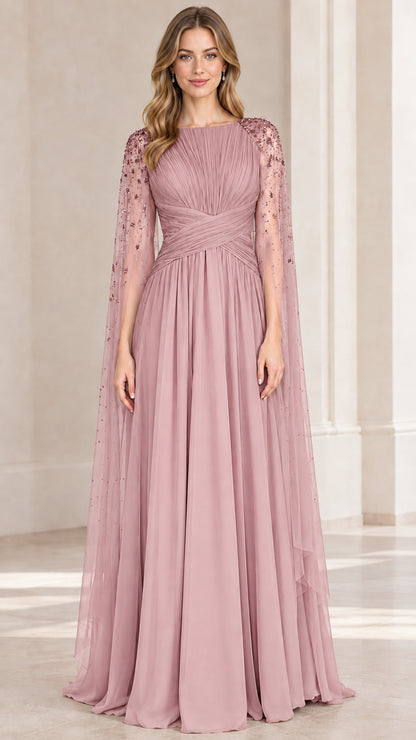 Dusty rose pleated evening gown with embellished cape sleeves