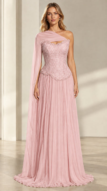Blush pink one-shoulder cape beaded lace pleated formal dress
