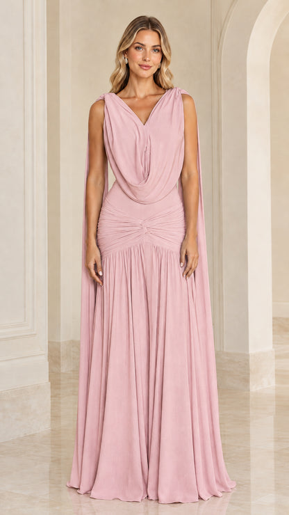 Dusty pink cowl neck ruched chiffon formal maxi gown