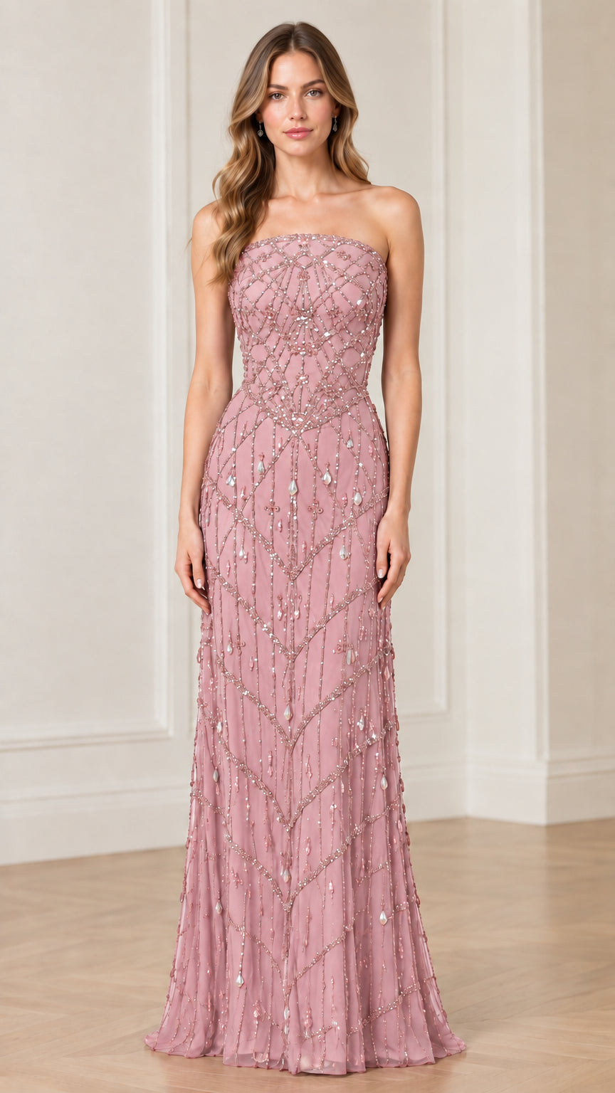 Strapless beaded formal maxi dress in dusty rose front view