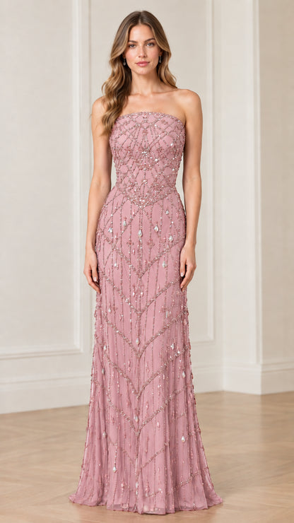 Strapless beaded formal maxi dress in dusty rose front view