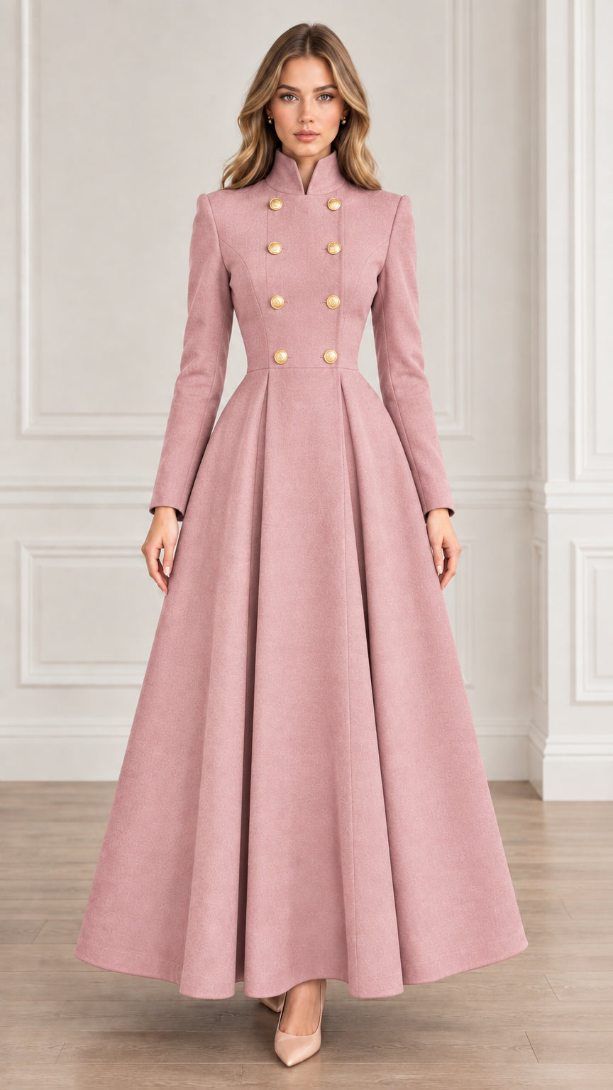 Front view of dusty pink double-breasted high neck flared maxi coat
