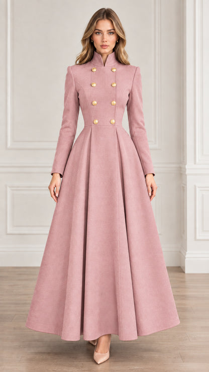 Front view of dusty pink double-breasted high neck flared maxi coat