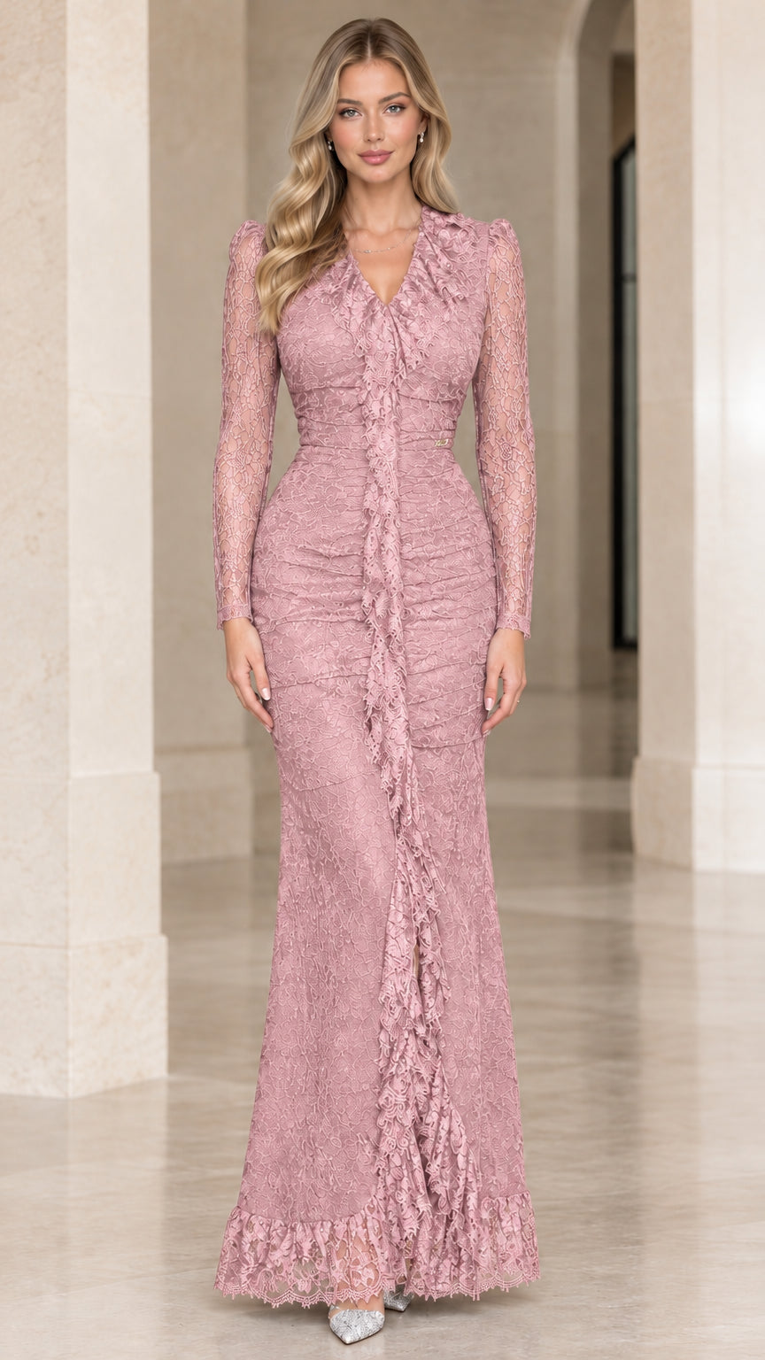 Front full-length view of Dusty Pink lace long sleeve formal gown