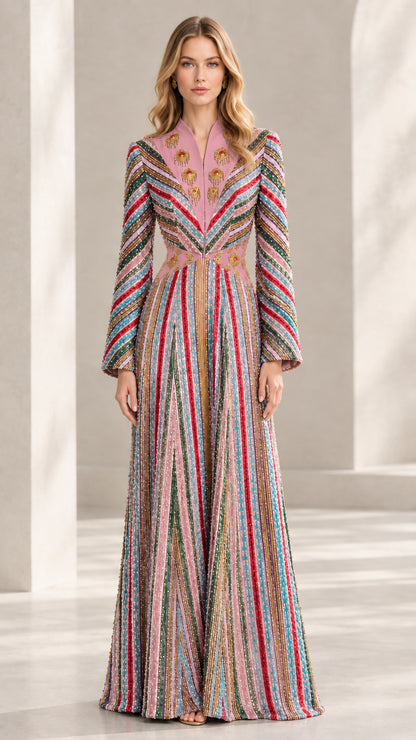 Model wearing Blush Pink embellished striped kaftan maxi dress