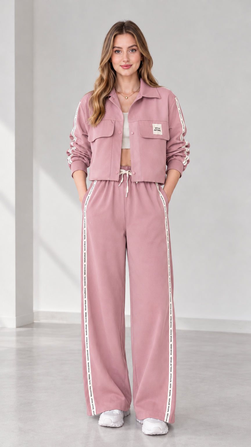 Full view of women's cropped jacket and wide-leg track pants set in dusty pink