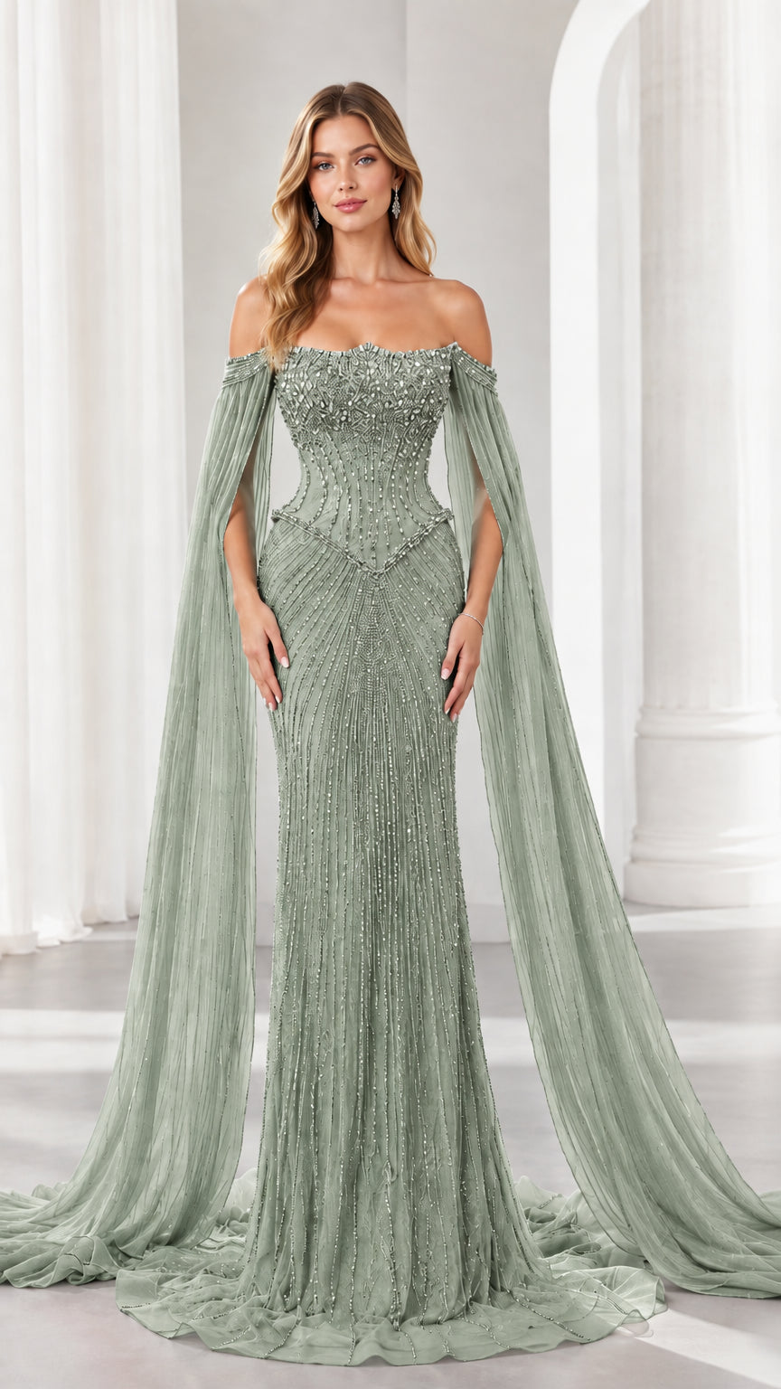 Sage green beaded evening gown with elegant draped cape sleeves