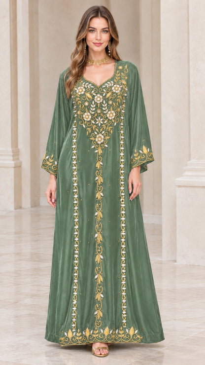 Full-length view of sage green embroidered velvet kaftan dress