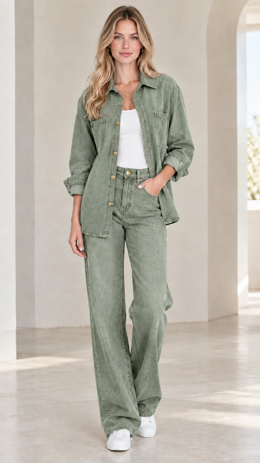 Model wearing sage green washed cotton two-piece button-down and pant set