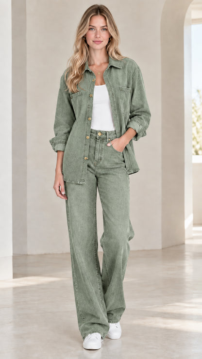 Model wearing sage green washed cotton two-piece button-down and pant set