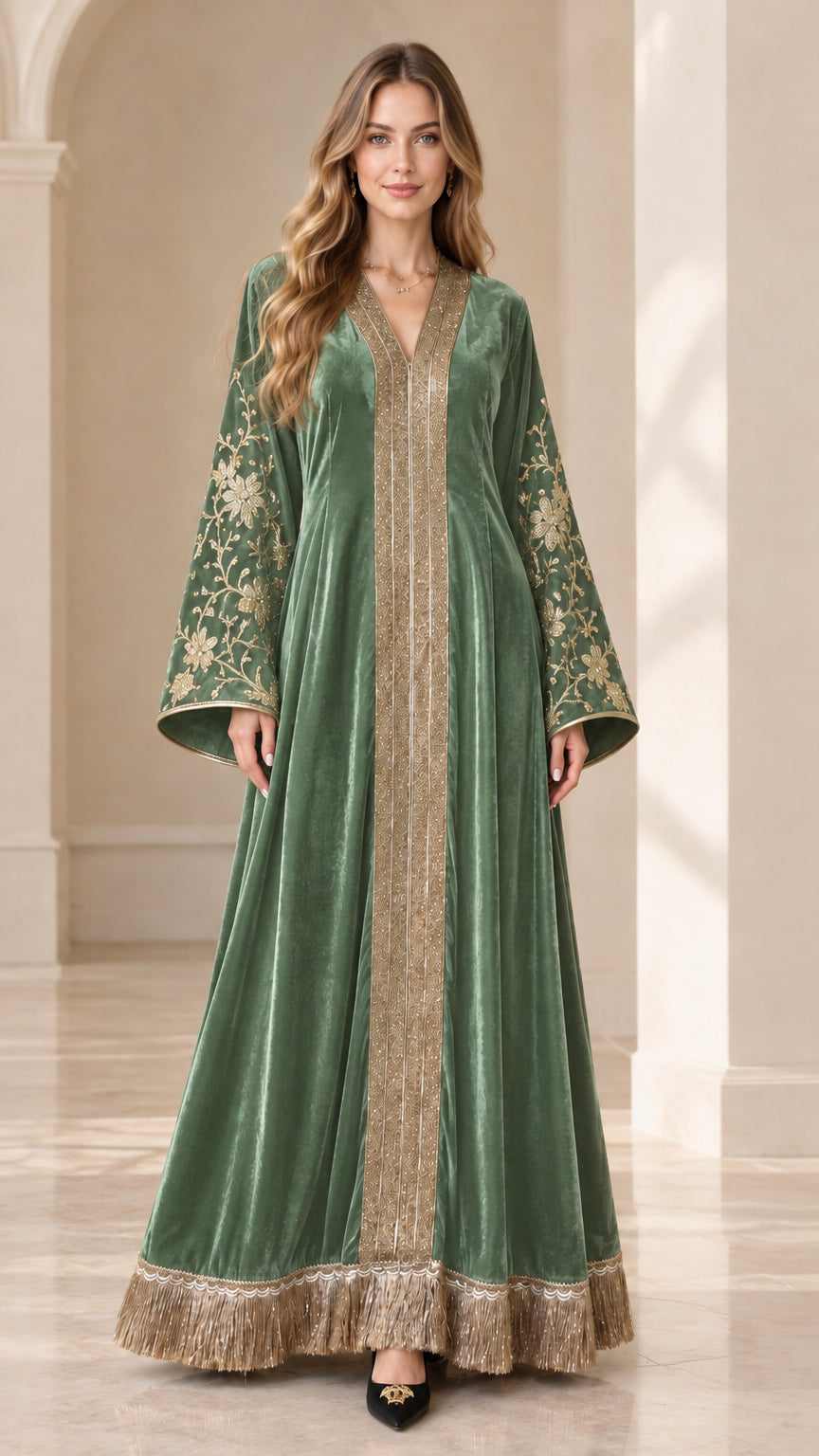 Front view of sage green velvet embroidered kaftan dress