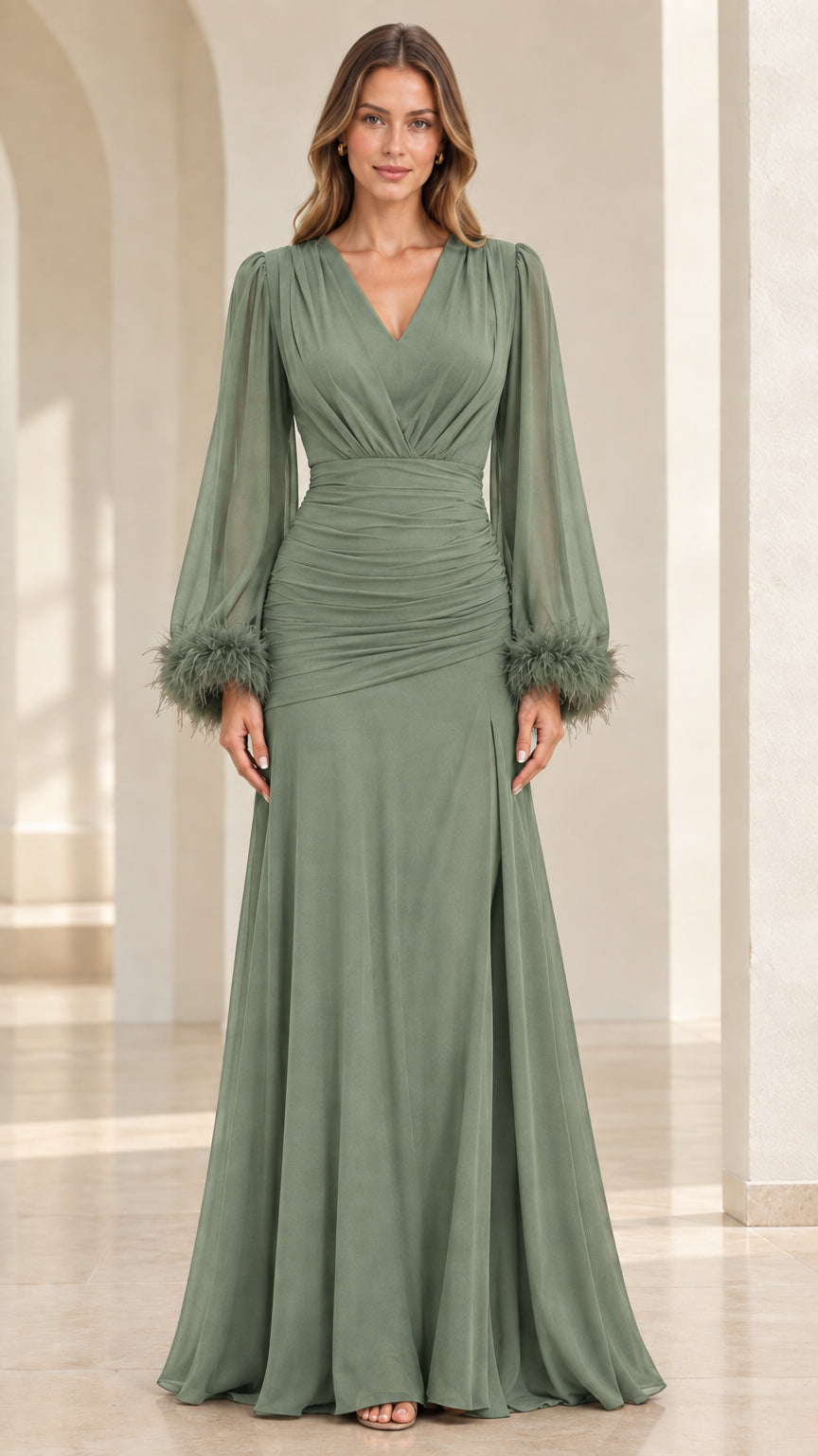 Model wearing sage green ruched evening dress with feather accents